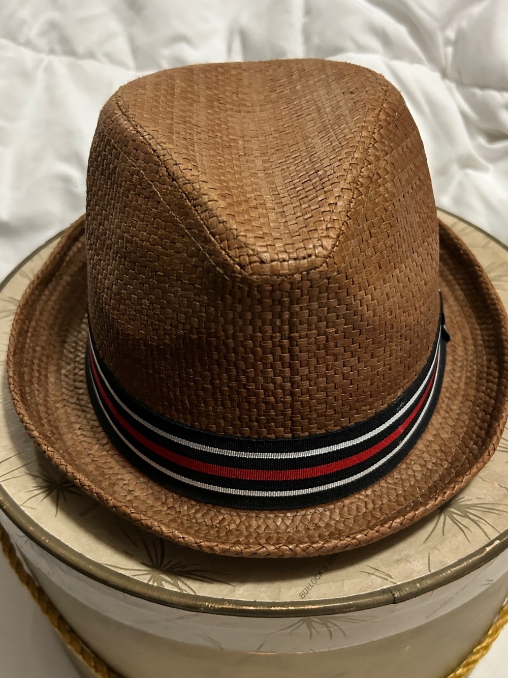 Peter Grimm Brown Straw Fedora with Black, Red & White Striped Band